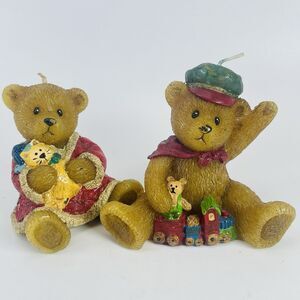 VTG Bears Holding a Kitten Teddy Bear Train Present Christmas Morning Candles